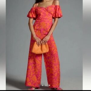 Ranna Gill pink orange Jumpsuit romper puff sleeve off shoulder S Anthropologie